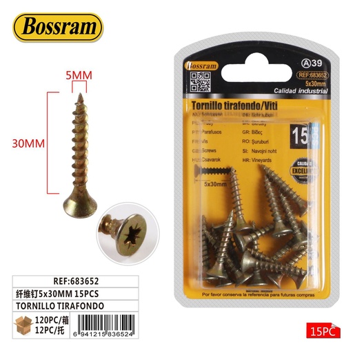 [683652] Tornillo tirafondo 5x30mm 15pcs para sujeción