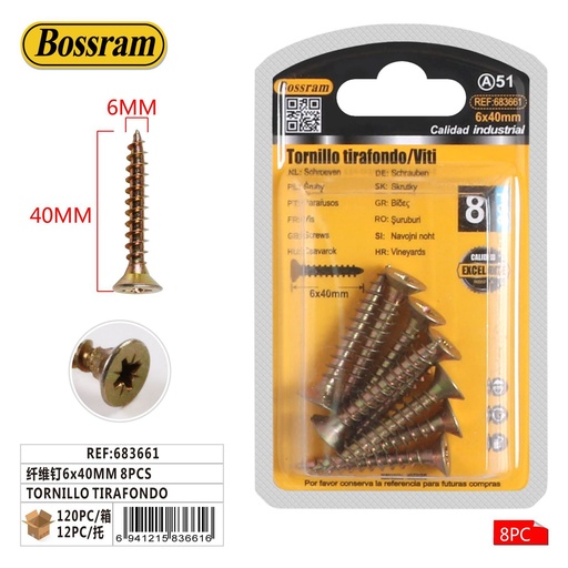 [683661] Tornillo tirafondo de fibra 6x40mm 8pcs para fijación