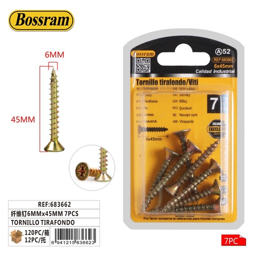 [683662] Tornillo tirafondo 6mmx45mm 7pcs para sujeción y fijación