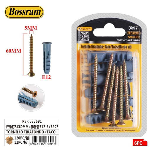 [683691] Tornillo tirafondo 5x60mm con taco 6+6pcs para fijación