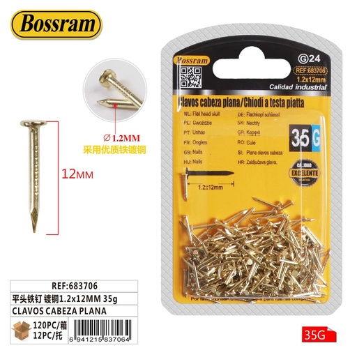 [683706] Clavos de cabeza plana galvanizados 1.2x12mm 35g para fijación y construcción