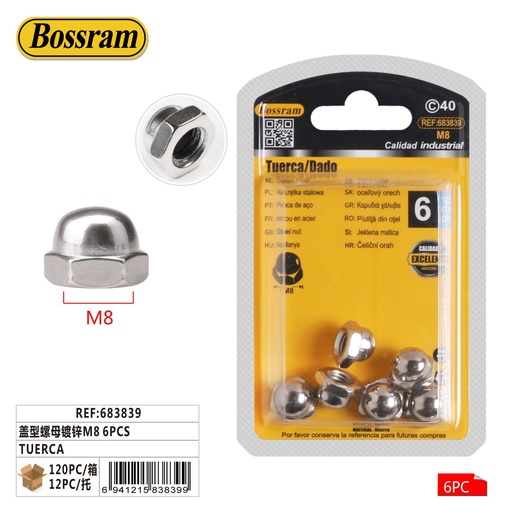 [683839] Tuerca galvanizada M8 6pcs para fijación y ensamblaje