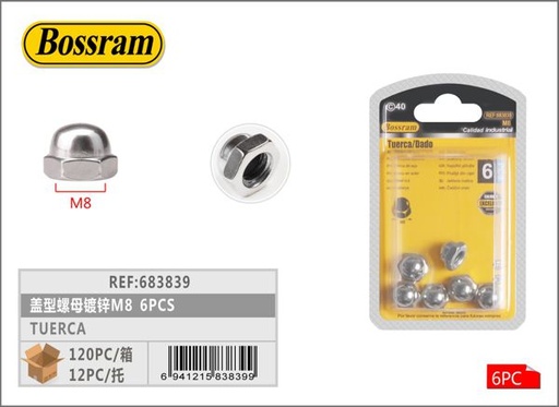 [683839] Tuerca galvanizada M8 6pcs para fijación y ensamblaje