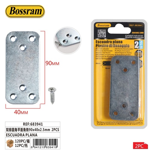 [683941] Escuadra plana 90x40x2.5mm 2pcs para sujeción en ferretería