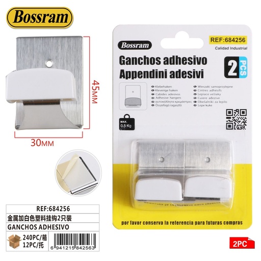 [684256] Gancho adhesivo metálico y plástico blanco 2pcs