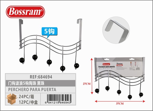 [684694] Perchero para puerta con 5 ganchos de cerámica negra