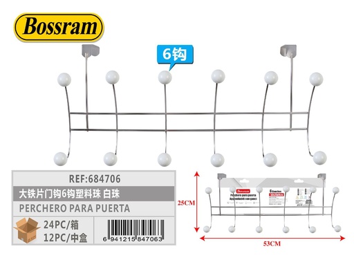 [684706] Perchero para puerta con 6 ganchos y bolas plásticas blancas