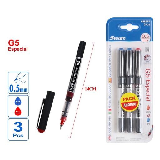 [688557] Bolígrafo tinta líquida 2 azul 1 rojo 3pcs escritura