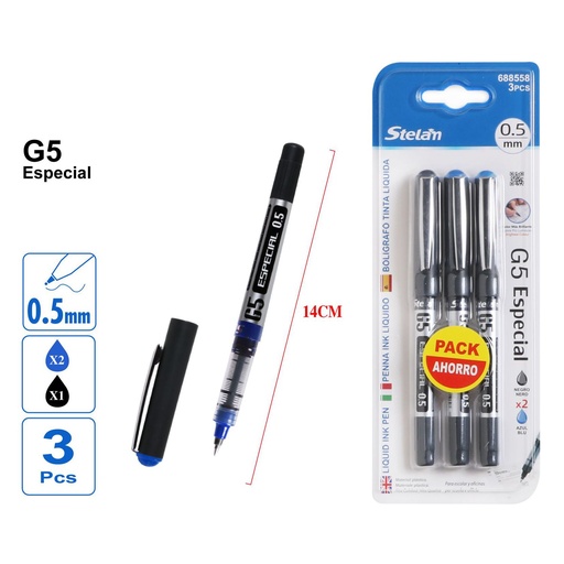 [688558] Bolígrafo tinta líquida 2 azul 1 negro 3pcs para escritura