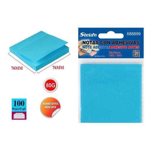 [688899] Notas adhesivas fluorescentes 76x76mm, 100 hojas, azul cielo