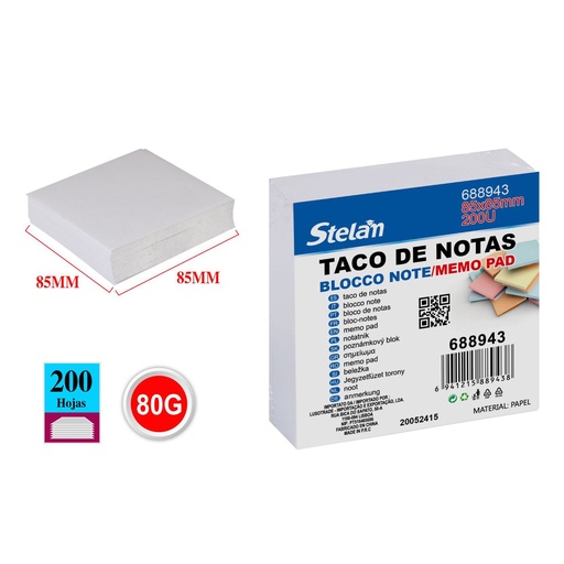 [688943] Taco de notas 85x85mm 200 hojas blanco