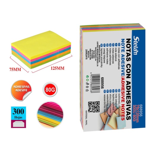 [688956] Notas adhesivas 76x125mm 300 hojas fluorescentes para oficina