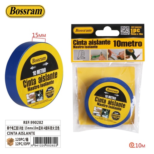 [990282] Cinta aislante 10 metros 15mmx10m azul para trabajos eléctricos