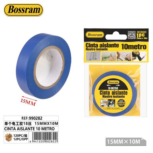 [990282] Cinta aislante 10 metros 15mmx10m azul para trabajos eléctricos