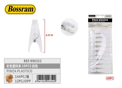 [990352] Pinza de plástico 8.3cm 10pcs blanca para colgar ropa