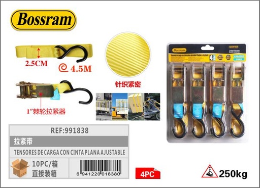 [991838] Tensores de carga con cinta plana ajustable 4.5mx2.5cm 4pcs hasta 250kg