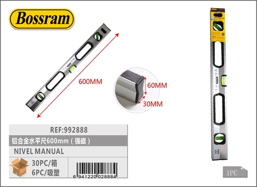 [992888] Nivel manual de aluminio 600mm con imán para mediciones precisas