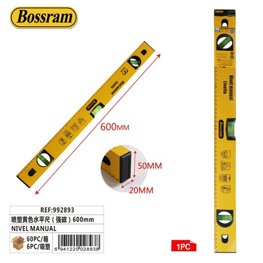 [992893] Nivel manual magnético amarillo 600mm para medición precisa