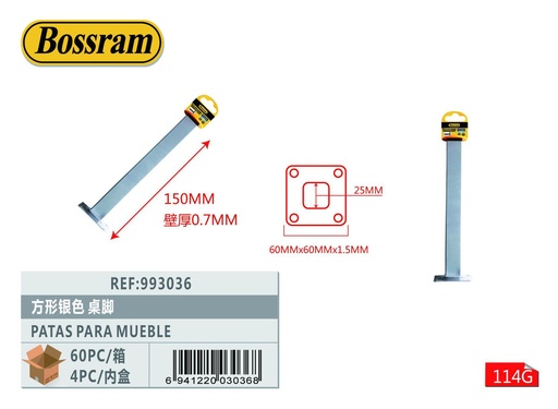 [993036] Pata para mesa cuadrada plateada 25x25x150mm