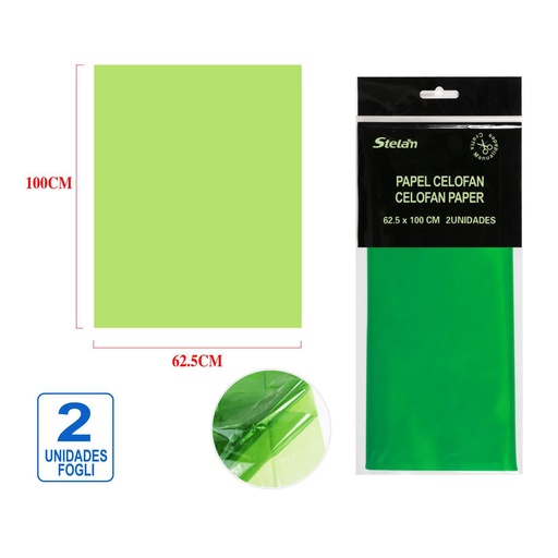 [999249] Papel celofán verde 62.5x100cm 2pcs para manualidades