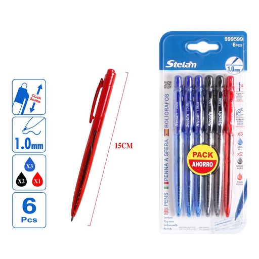 [999599] Bolígrafos retráctiles 6 piezas (3 azul, 2 negro, 1 rojo) 1.0mm