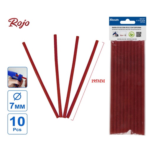 [860167] Barra de silicona roja con purpurina 0.7x19.5 10 uds para manualidades