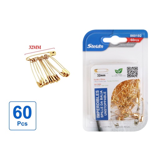 [860192] Imperdibles 32mm dorados 60pcs resistentes y versátiles