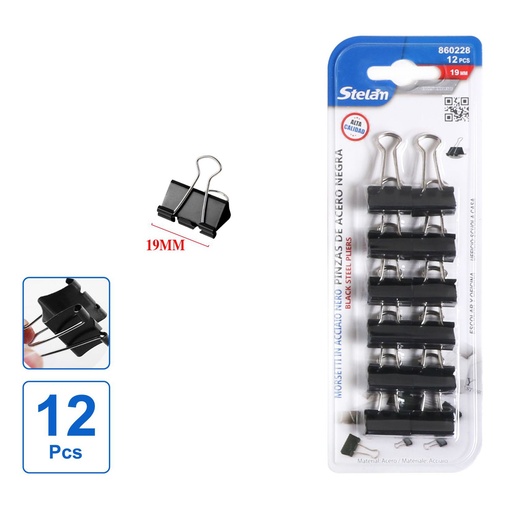 [860228] Pinzas de acero negras 19mm 12pcs para oficina