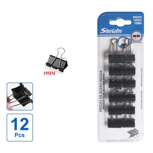 [860228] Pinzas de acero negras 19mm 12pcs para oficina