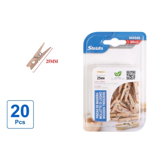 [860245] Pinzas de madera 25mm 20pcs para manualidades y organización