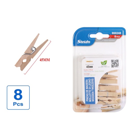 [860248] Pinzas de madera 45mm 8pcs para papelería