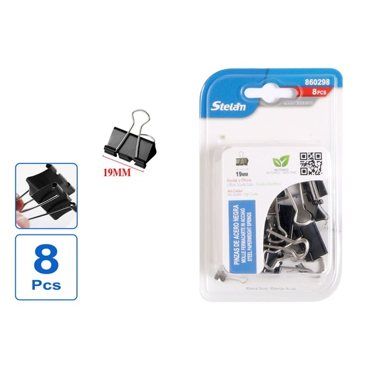 [860298] Pinzas de acero negra 19mm 8pcs para oficina y papelería