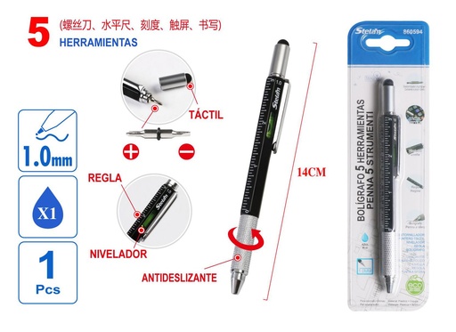 [860594] Bolígrafo multifuncional metálico 1.0 con 5 herramientas para escritura y bricolaje