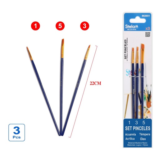 [862651] Set de pinceles de pintura azul 3 piezas para arte