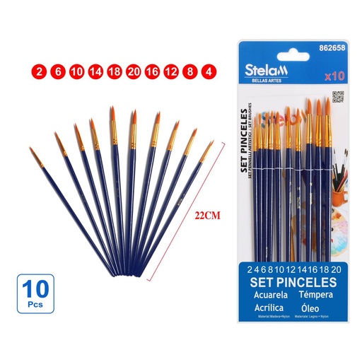 [862658] Set de pinceles 10pc con mango azul para pintura y arte