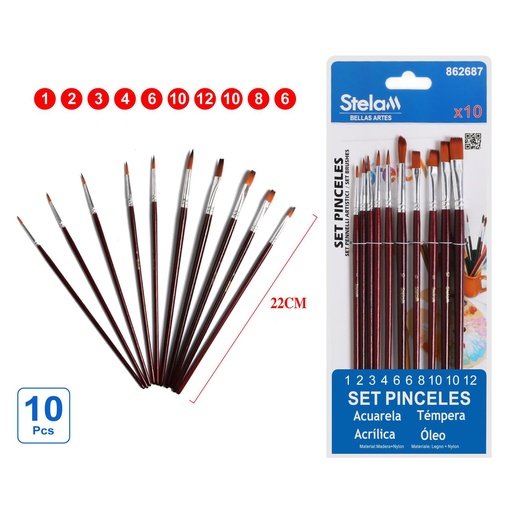 [862687] Set 10 pinceles con mango marrón para pintura y dibujo