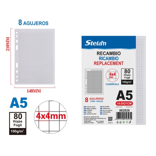 [862828] Recambio A5 80 hojas 100g cuadrícula 4x4mm