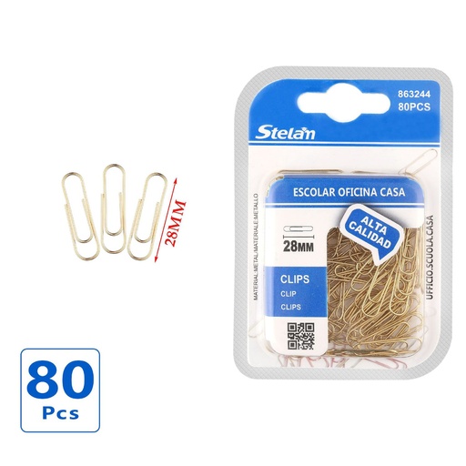 [863244] Clips dorados 28mm 80 unidades para oficina y papelería