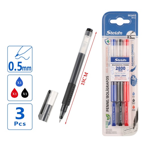 [863402] Bolígrafos 0.5mm negro rojo azul 3pc, útiles de escritura