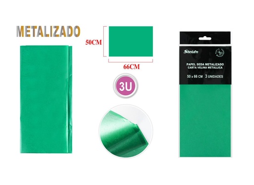 [864050] Papel seda metalizado verde 50.8x66cm 3 piezas