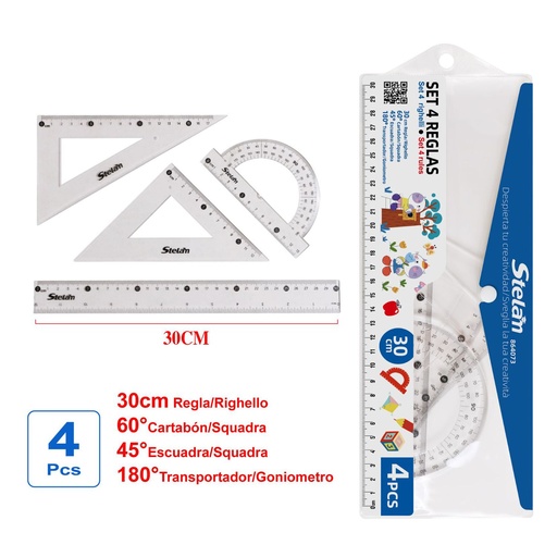 [864073] Set de 4 reglas de plástico 30cm para dibujo y medición