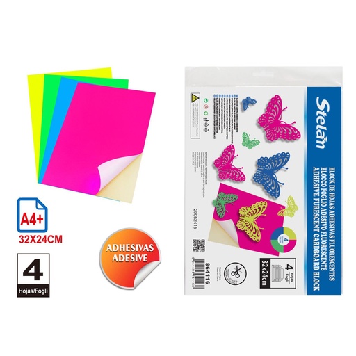 [864116] Block de hojas adhesivas fluorescentes 32x24cm 4pcs para manualidades