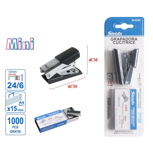 [864690] Grapadora mini 24/6 con 1000 grapas para oficina y material escolar