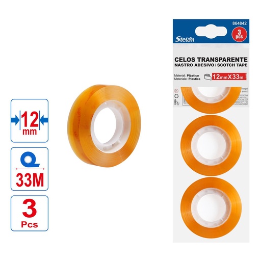 [864842] Celo transparente 1.2cm x 33m 3 piezas para adhesión y embalaje