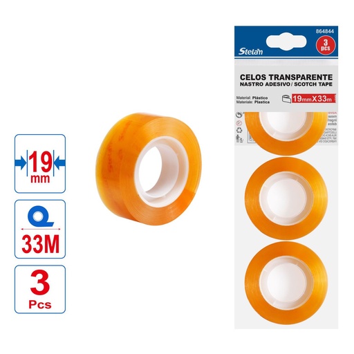 [864844] Celos transparente 1.9cm x 33m 3 piezas para oficina