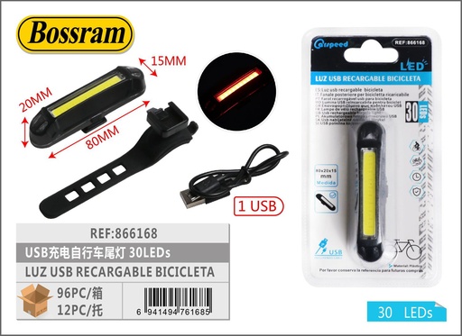 [175476168] Luz trasera de bicicleta USB recargable 80x20x15mm 30LEDs roja/blanca para seguridad ciclista