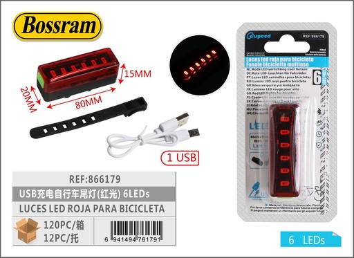 [866179] Luz trasera LED roja USB para bicicleta 80x20x15mm 6 LEDs