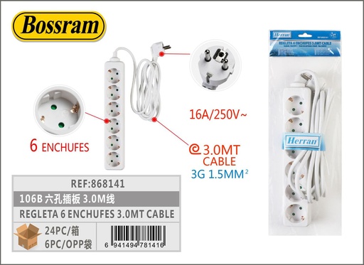 [868141] Regleta de enchufes 6 tomas 3.0m cable