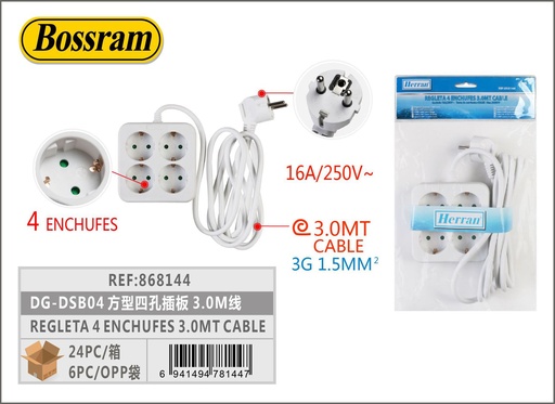 [868144] Regleta 4 enchufes 3.0mt cable para electricidad