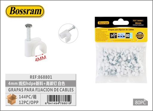 [868801] Grapas para fijación de cables 4mm HDPE con clavos de alto carbono blanco